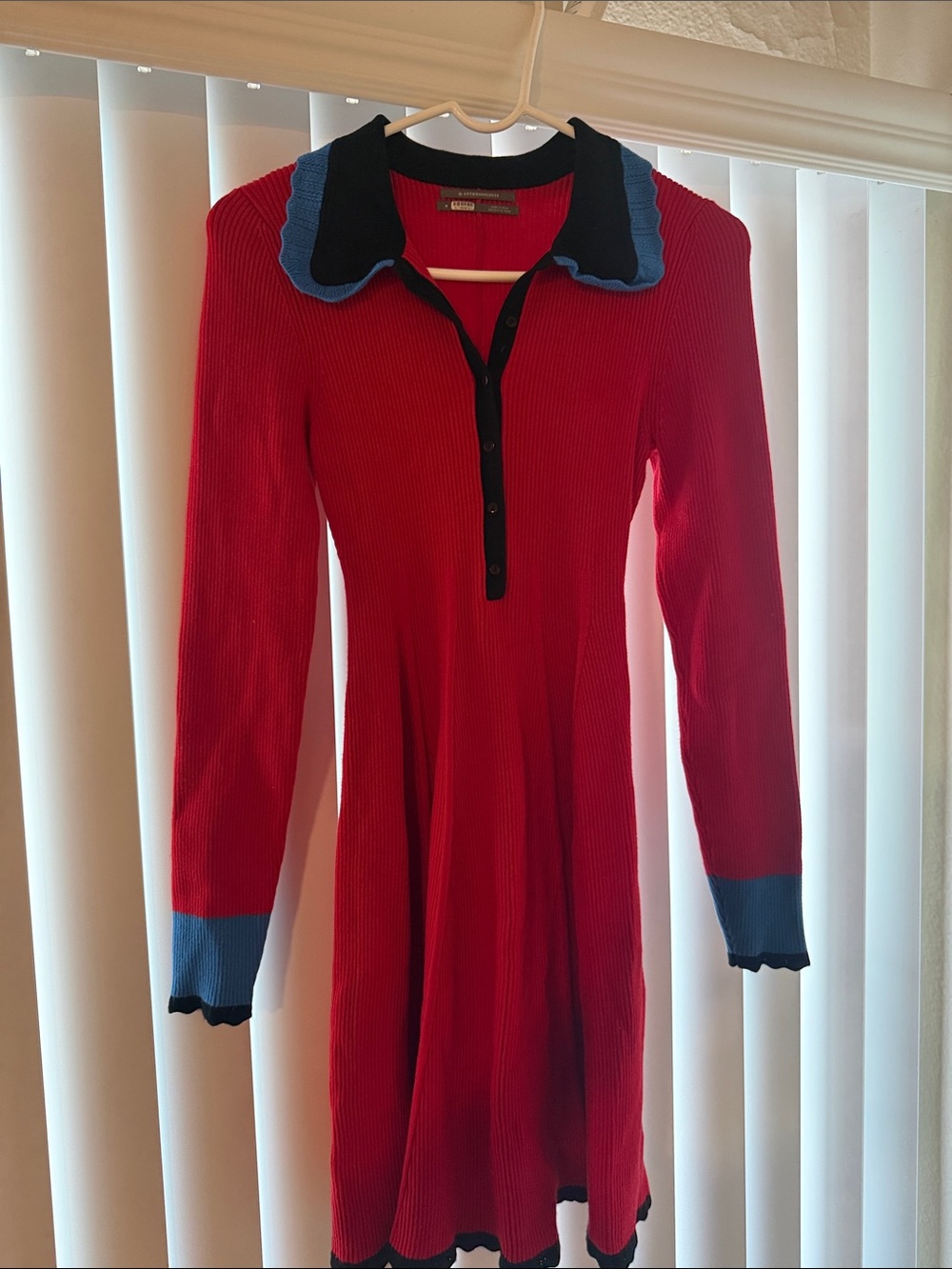 Anthropologie Red Ribbed V‑Neck Dress with Black & Blue Trim